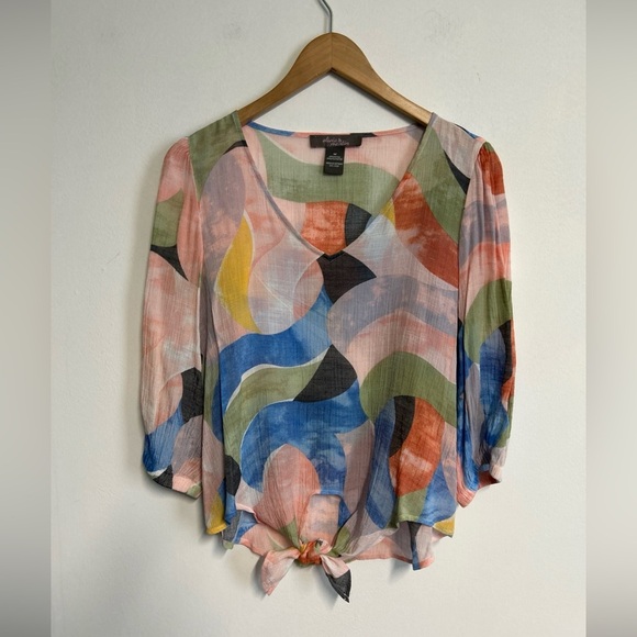 Women’s Medium Blouse Tie Waist  Watercolor Artsy Colorful Coquette Y2K Style - Picture 1 of 12